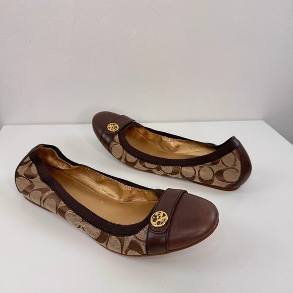 COACH Chelsey Ballet Flat US 9.5B Brown Signature Monogram Slip-On Shoes FLAW - Picture 2 of 8
